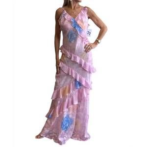 NEW BEULAHSTYLE v-neck ruffle maxi dress in pink multi
